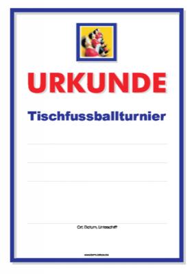 Kicker Urkunde für ein Tischfussballturnier. Druckbare blaue Urkunde im A4-Hochformat.