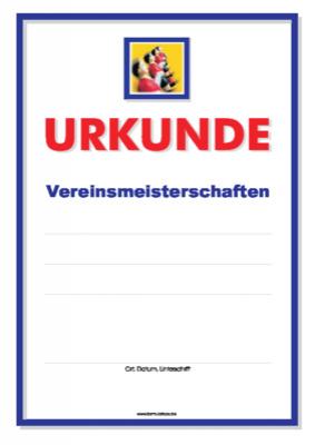 Urkunde Kicker, Tischfußball, Vereinsmeisterschaften Kicker-Urkunde für Tischfussball Vereinsmeisterschaften. Druckbare blaue Urkunde im A4-Hochformat.