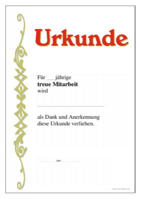 Urkunde treue Mitarbeit - Ehrenurkunde für treue Mitarbeit mit Texteindruck.