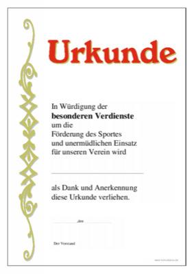 Urkunde Förderung des Sportes Ehrenurkunde für besondere Verdienste für die Förderung des Sportes mit Texteindruck.