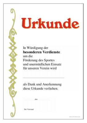 Urkunde Förderung des Sportes - Ehrenurkunde für besondere Verdienste für die Förderung des Sportes mit Texteindruck.