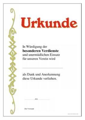 Urkunde besondere Verdienste, Verein - Ehrenurkunde für besondere Verdienste im Verein mit Texteindruck.