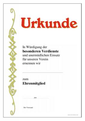 Urkunde Ehrenmitglied, Verdienste - Ehrenurkunde zur Ernennung als Ehrenmitglied für besondere Verdienste mit Texteindruck.