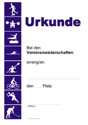 Urkunde Vereinsmeisterschaften Siegerurkunde mit Texteindruck für Vereinsmeisterschaften. Text: Bei den Vereinsmeisterschaften errang/en ... den ... Platz