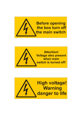 Warnschilder Elektrotechnik, englisch 4 Warnzeichen der Elektrotechnik in englisch. Abmessungen 280 x 112 mm.
