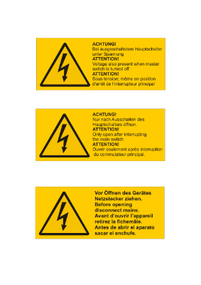 Warnschilder Elektrotechnik (de, en, es und fr), 3 Stck - 3 Warnzeichen der Elektrotechnik mehrsprachig, Abmessungen 280 x 112 mm.