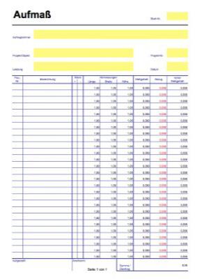 Aufmaß, Aufmaßtabelle (Excel) - Excel-Tabelle Aufmaß für Bau und Handwerk. Tabelle mit 6 Spalten, der Meßgehalt wird automatisch berechnet.