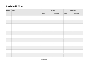 Organisieren, Planen: Ausleihliste für Bücher (Excel). XLS Datei