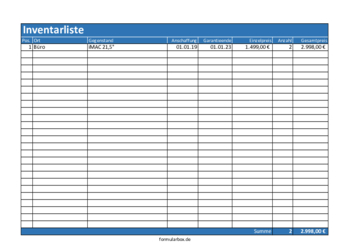 Organisieren, Planen: Inventarliste (Excel). XLS Datei