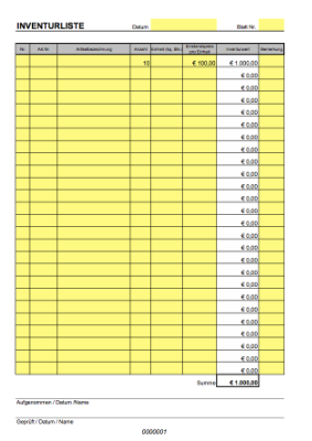 Gewerbe, Geschäft: Inventurliste (Excel). XLS Datei