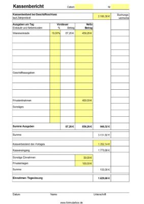 Finanzen: Kassenbericht (Excel). XLS Datei