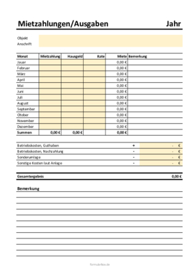 Immobilien: Mieteinnahmen, Mietzahlungen, Ausgaben und Kreditraten (Excel). XLS Datei