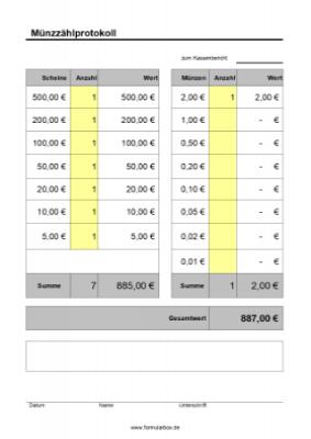 Finanzen: Münzzählprotokoll (Excel). XLS Datei