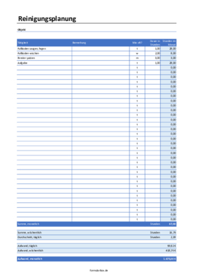Reinigungskosten berechnen (Excel) Excel-Tabelle zur Berechnung der monatlichen Reinigungskosten. Vorlage zum Bearbeiten.