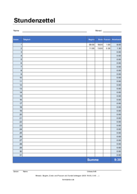 Stundenzettel (Excel) - Stundenzettel oder Stundennachweis als Excel-Tabelle.