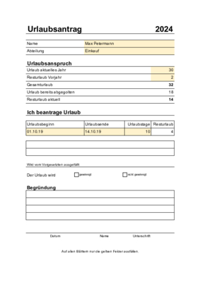 Personal, Bewerber: Urlaubsantrag (Excel). XLS Datei