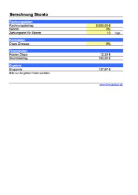 Berechnung Ersparnis bei Skonto-Zahlung (Excel) Excel-Tabelle zur Berechnung der Einsparung einer Skonto-Zahlung.