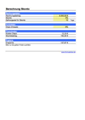 Finanzen: Berechnung Ersparnis bei Skonto-Zahlung (Excel). XLS Datei