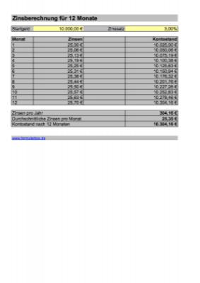 Berechnung Zinseszins (Excel) - Excel-Tabelle Zinseszins. Arbeitshilfe zur Berechnung des Zinseszins für 12 Monate.