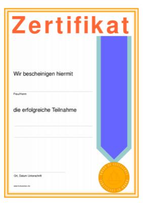 Zertifikat für Teilnahme 3 Zertifikat für die erfolgreiche Teilnahme im Hochformat mit Band.