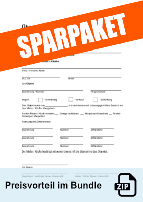 Immobilien: Mietvertrag, Übergabeprotokoll für Garage, Stellplatz (PDF), Sparpaket. ZIP Datei