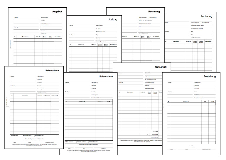 Angebot, Auftrag, Rechnung, Lieferschein Gutschrift und Bestellung