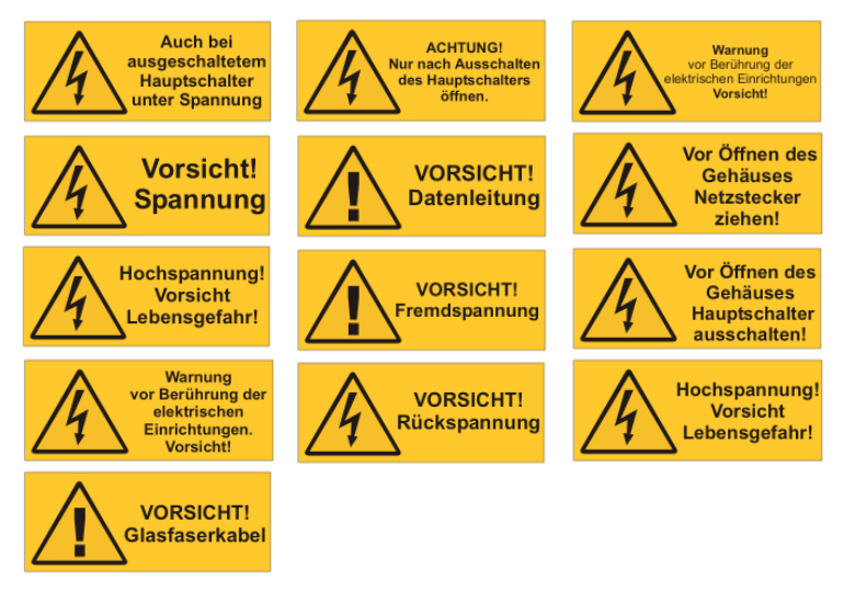 13 Warnzeichen der Elektrotechnik in deutsch hier als PDF-Datei downloaden