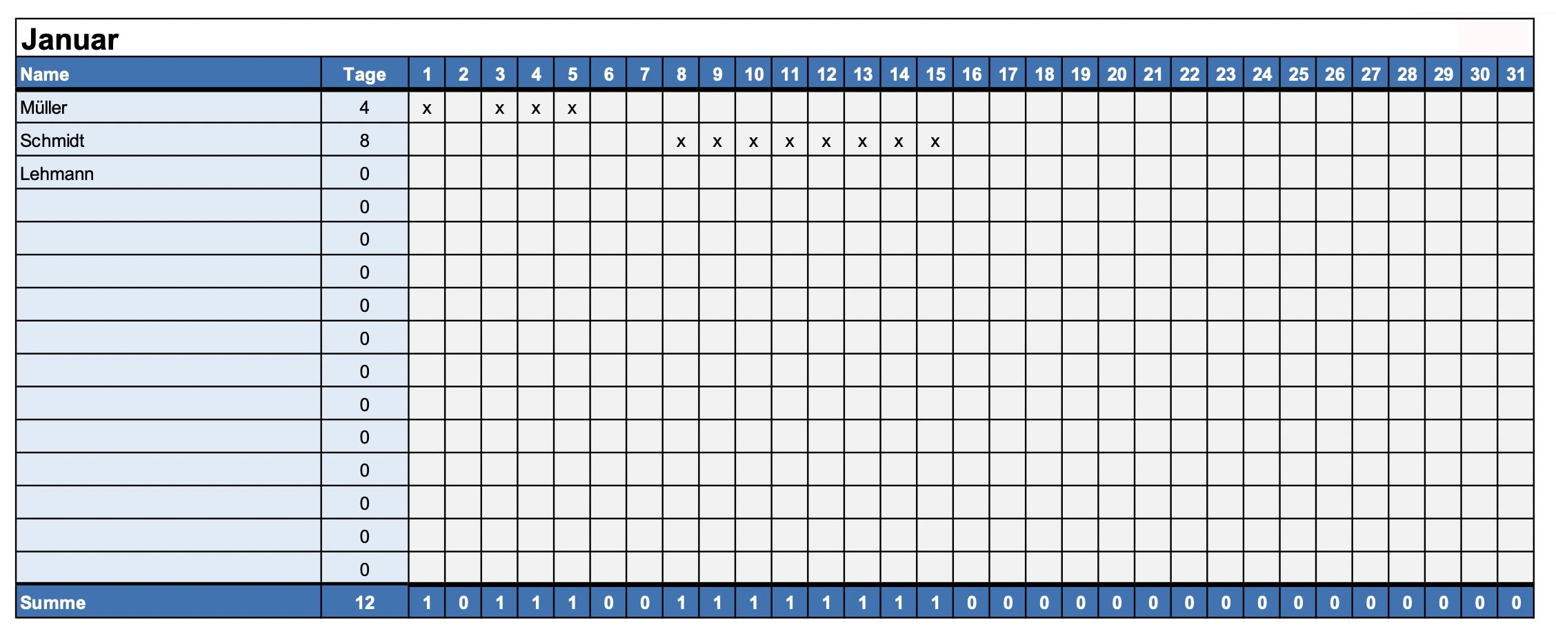 Monatsplanung - Excel-Urlaubsplaner