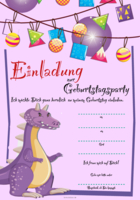 Einladung zum Kinder-Geburtstag, Dino (Lila)