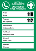 Aushang: Notfall-Telefonnummern DE, EN