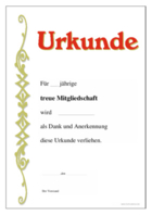 Urkunde treue Mitgliedschaft
